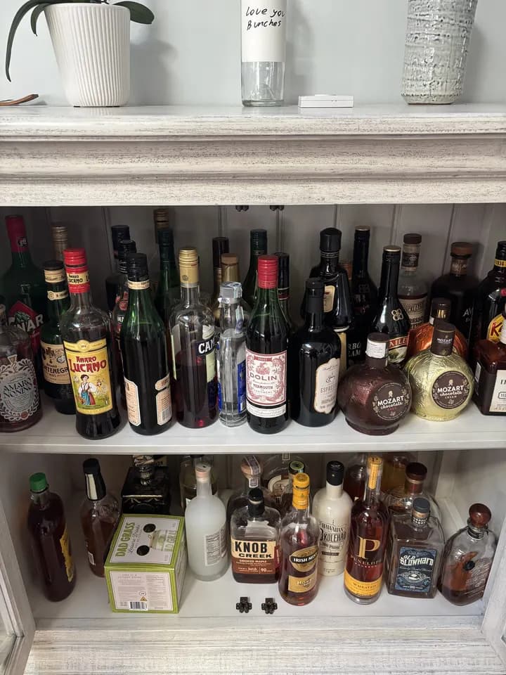 The amaro shelf: Averna, Lucano, Montenegro, Campari, Dolin vermouth and Mozart chocolate liqueurs, with bourbon below